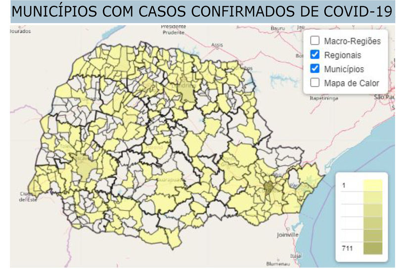 Mapa do estado assinalando os Municípios com COVID-19