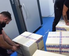  Mais uma leva de vacina Cominarty, produzida pela Pfizer/BioNTech, chegou ao Paraná nesta quinta-feira (3). O lote de 37.440 doses foi recebido às 13h20 no Aeroporto Internacional Afonso Pena, em São José dos Pinhais, na Região Metropolitana de Curitiba, e seguiu para conferência no Centro de Medicamentos do Paraná (Cemepar), onde chegou às 13h50. - Curitiba, 03/06/2021