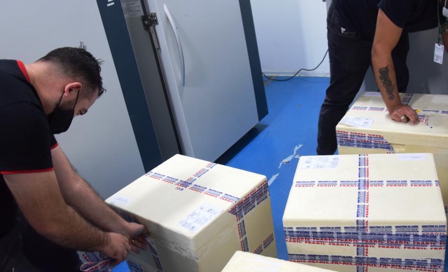 Mais uma leva de vacina Cominarty, produzida pela Pfizer/BioNTech, chegou ao Paraná nesta quinta-feira (3). O lote de 37.440 doses foi recebido às 13h20 no Aeroporto Internacional Afonso Pena, em São José dos Pinhais, na Região Metropolitana de Curitiba, e seguiu para conferência no Centro de Medicamentos do Paraná (Cemepar), onde chegou às 13h50. - Curitiba, 03/06/2021